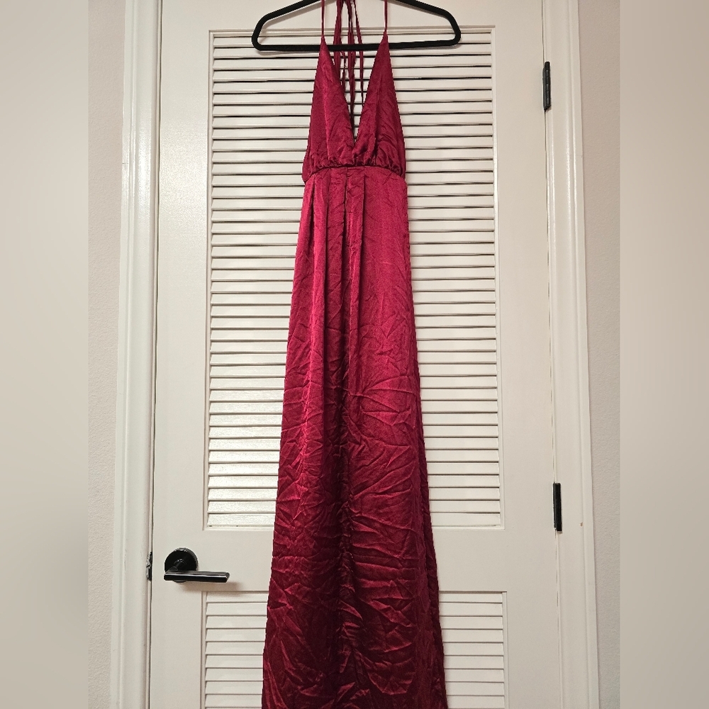 SHEIN - Red Evening Faux Satin Halter Maxi Dress With Side Leg Slit